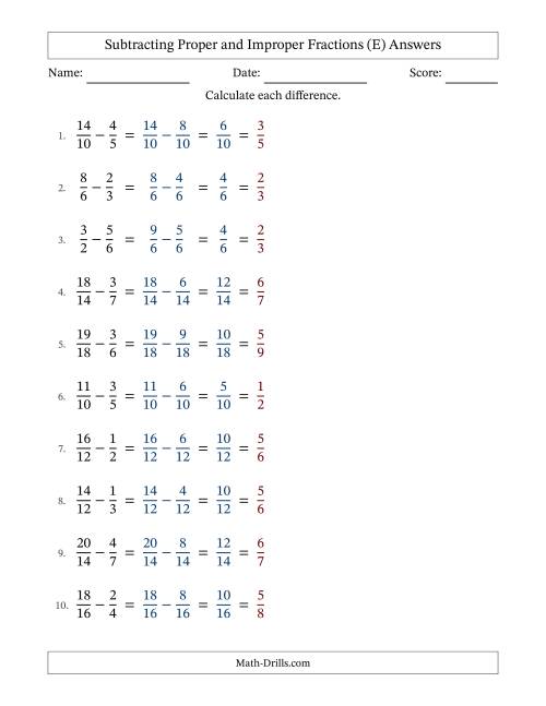 The Subtracting Proper and Improper Fractions with Similar Denominators, Proper Fractions Results and All Simplifying (E) Math Worksheet Page 2