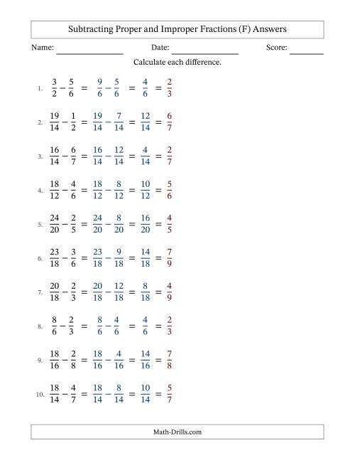 The Subtracting Proper and Improper Fractions with Similar Denominators, Proper Fractions Results and All Simplifying (F) Math Worksheet Page 2