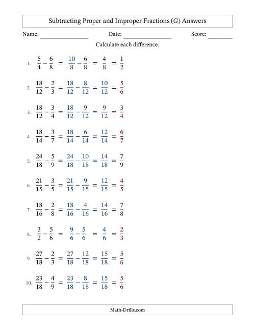 The Subtracting Proper and Improper Fractions with Similar Denominators, Proper Fractions Results and All Simplifying (G) Math Worksheet Page 2