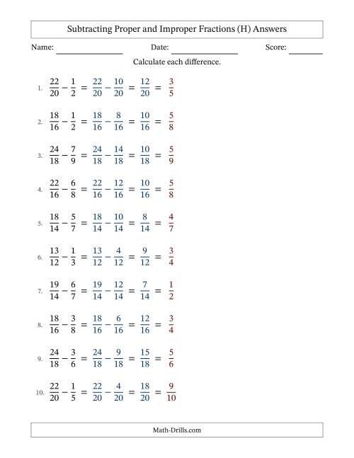 The Subtracting Proper and Improper Fractions with Similar Denominators, Proper Fractions Results and All Simplifying (H) Math Worksheet Page 2