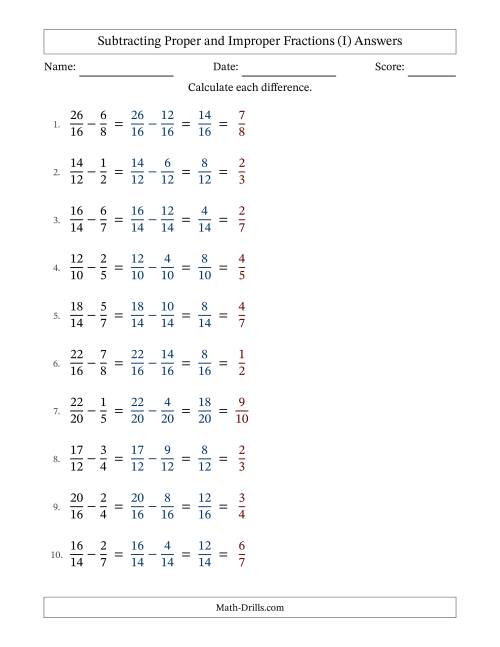 The Subtracting Proper and Improper Fractions with Similar Denominators, Proper Fractions Results and All Simplifying (I) Math Worksheet Page 2