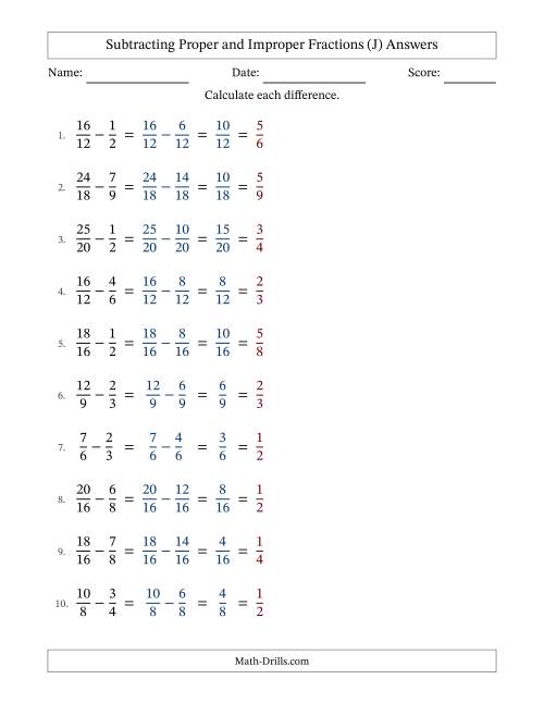 The Subtracting Proper and Improper Fractions with Similar Denominators, Proper Fractions Results and All Simplifying (J) Math Worksheet Page 2
