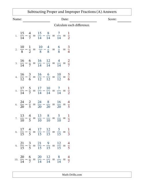 The Subtracting Proper and Improper Fractions with Similar Denominators, Proper Fractions Results and All Simplifying (All) Math Worksheet Page 2
