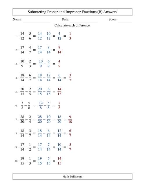 The Subtracting Proper and Improper Fractions with Similar Denominators, Proper Fractions Results and Some Simplifying (B) Math Worksheet Page 2
