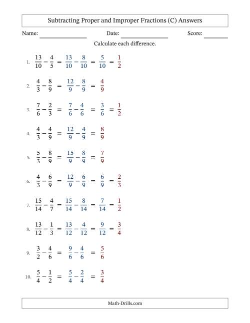 The Subtracting Proper and Improper Fractions with Similar Denominators, Proper Fractions Results and Some Simplifying (C) Math Worksheet Page 2