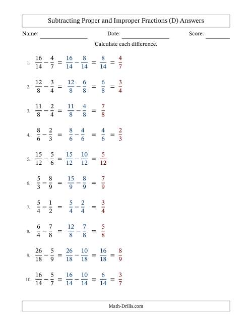 The Subtracting Proper and Improper Fractions with Similar Denominators, Proper Fractions Results and Some Simplifying (D) Math Worksheet Page 2