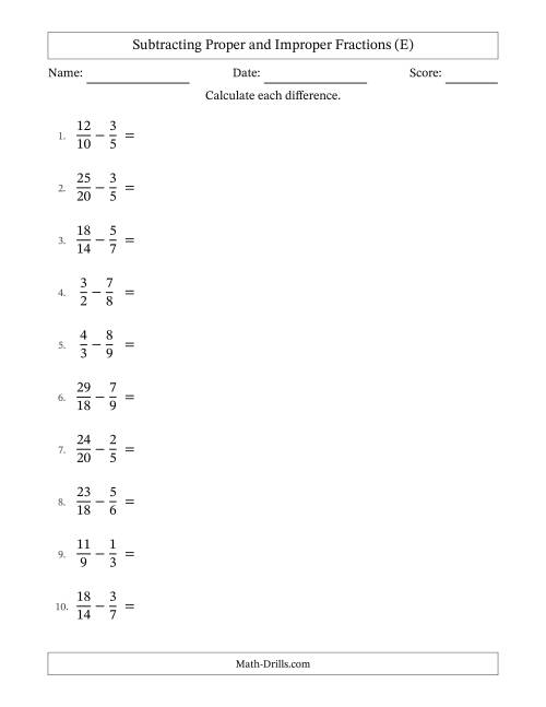 The Subtracting Proper and Improper Fractions with Similar Denominators, Proper Fractions Results and Some Simplifying (E) Math Worksheet