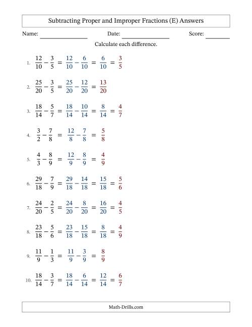 The Subtracting Proper and Improper Fractions with Similar Denominators, Proper Fractions Results and Some Simplifying (E) Math Worksheet Page 2