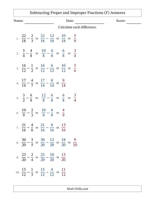 The Subtracting Proper and Improper Fractions with Similar Denominators, Proper Fractions Results and Some Simplifying (F) Math Worksheet Page 2