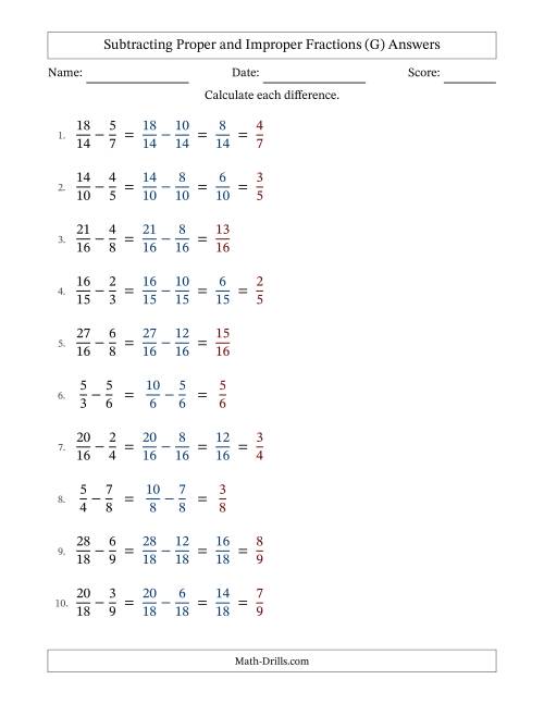 The Subtracting Proper and Improper Fractions with Similar Denominators, Proper Fractions Results and Some Simplifying (G) Math Worksheet Page 2