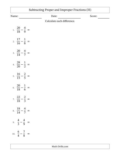 The Subtracting Proper and Improper Fractions with Similar Denominators, Proper Fractions Results and Some Simplifying (H) Math Worksheet