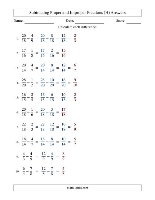 The Subtracting Proper and Improper Fractions with Similar Denominators, Proper Fractions Results and Some Simplifying (H) Math Worksheet Page 2