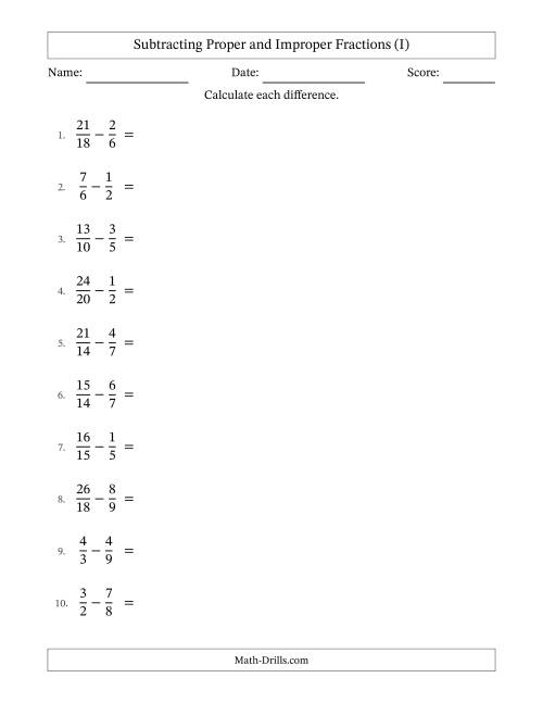 The Subtracting Proper and Improper Fractions with Similar Denominators, Proper Fractions Results and Some Simplifying (I) Math Worksheet