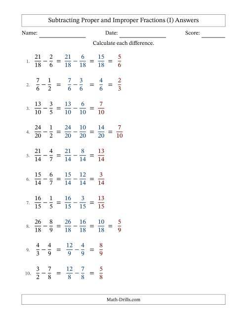 The Subtracting Proper and Improper Fractions with Similar Denominators, Proper Fractions Results and Some Simplifying (I) Math Worksheet Page 2