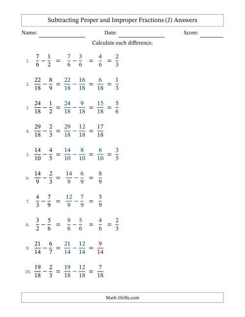 The Subtracting Proper and Improper Fractions with Similar Denominators, Proper Fractions Results and Some Simplifying (J) Math Worksheet Page 2