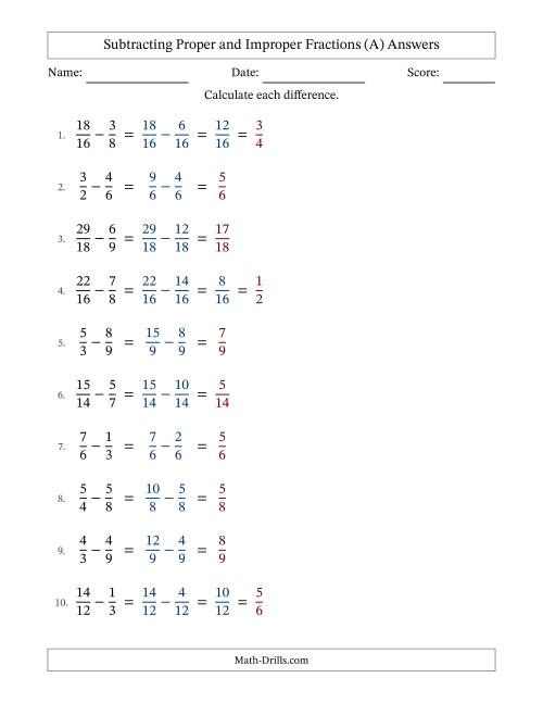 The Subtracting Proper and Improper Fractions with Similar Denominators, Proper Fractions Results and Some Simplifying (All) Math Worksheet Page 2