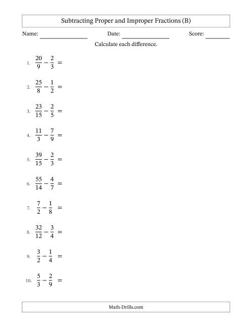 The Subtracting Proper and Improper Fractions with Similar Denominators, Mixed Fractions Results and No Simplifying (B) Math Worksheet