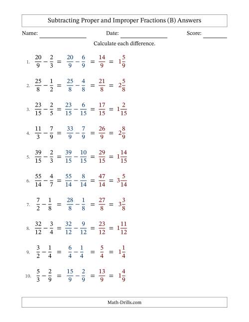 The Subtracting Proper and Improper Fractions with Similar Denominators, Mixed Fractions Results and No Simplifying (B) Math Worksheet Page 2