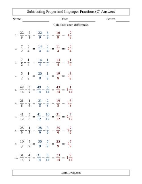 The Subtracting Proper and Improper Fractions with Similar Denominators, Mixed Fractions Results and No Simplifying (C) Math Worksheet Page 2