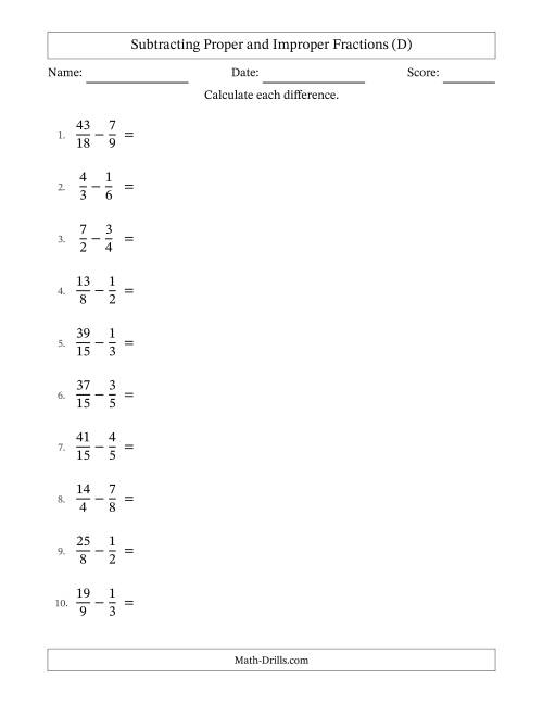 The Subtracting Proper and Improper Fractions with Similar Denominators, Mixed Fractions Results and No Simplifying (D) Math Worksheet