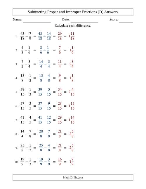 The Subtracting Proper and Improper Fractions with Similar Denominators, Mixed Fractions Results and No Simplifying (D) Math Worksheet Page 2