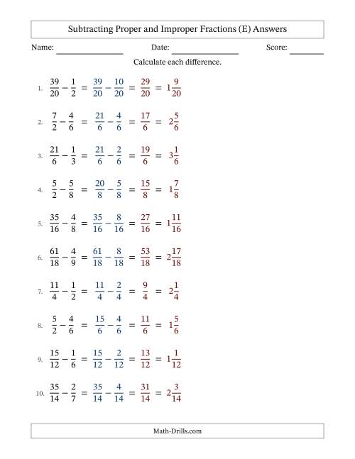 The Subtracting Proper and Improper Fractions with Similar Denominators, Mixed Fractions Results and No Simplifying (E) Math Worksheet Page 2