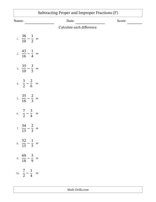 The Subtracting Proper and Improper Fractions with Similar Denominators, Mixed Fractions Results and No Simplifying (F) Math Worksheet