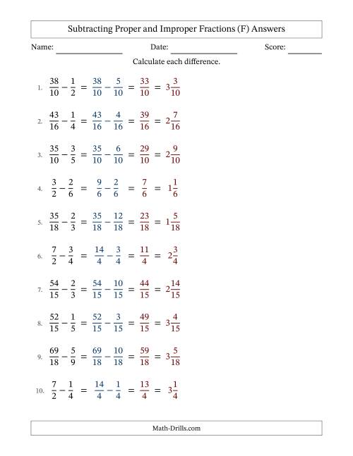 The Subtracting Proper and Improper Fractions with Similar Denominators, Mixed Fractions Results and No Simplifying (F) Math Worksheet Page 2