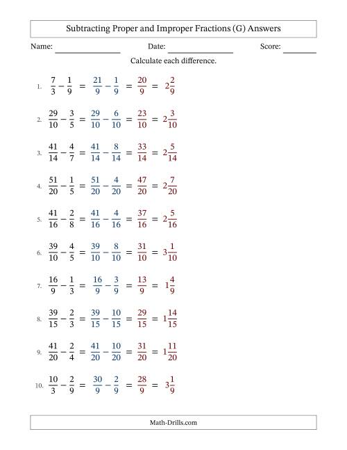 The Subtracting Proper and Improper Fractions with Similar Denominators, Mixed Fractions Results and No Simplifying (G) Math Worksheet Page 2
