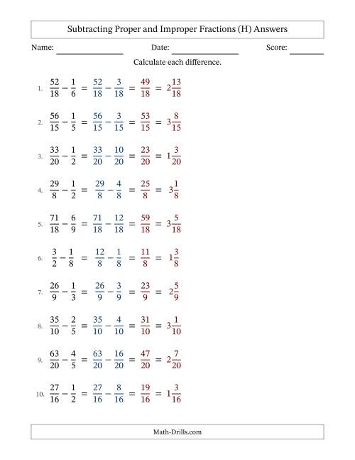 The Subtracting Proper and Improper Fractions with Similar Denominators, Mixed Fractions Results and No Simplifying (H) Math Worksheet Page 2