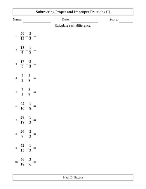 The Subtracting Proper and Improper Fractions with Similar Denominators, Mixed Fractions Results and No Simplifying (I) Math Worksheet