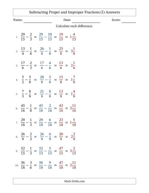 The Subtracting Proper and Improper Fractions with Similar Denominators, Mixed Fractions Results and No Simplifying (I) Math Worksheet Page 2