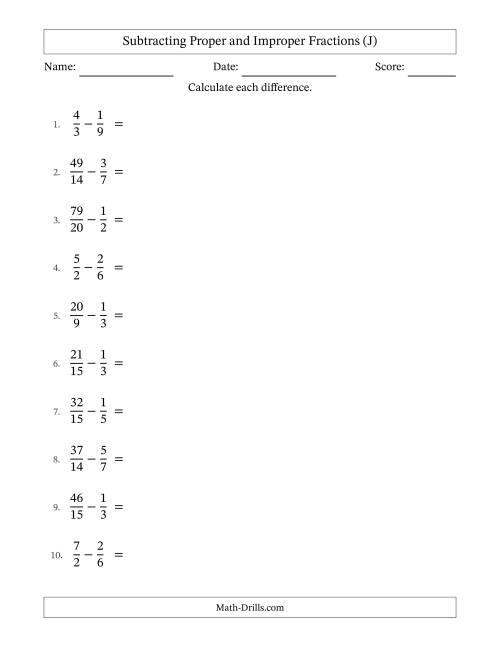The Subtracting Proper and Improper Fractions with Similar Denominators, Mixed Fractions Results and No Simplifying (J) Math Worksheet