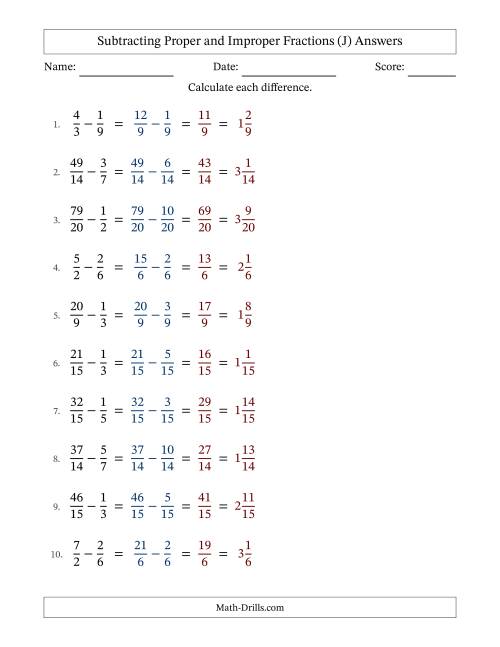 The Subtracting Proper and Improper Fractions with Similar Denominators, Mixed Fractions Results and No Simplifying (J) Math Worksheet Page 2