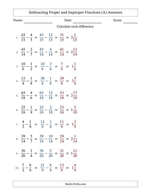 The Subtracting Proper and Improper Fractions with Similar Denominators, Mixed Fractions Results and No Simplifying (All) Math Worksheet Page 2