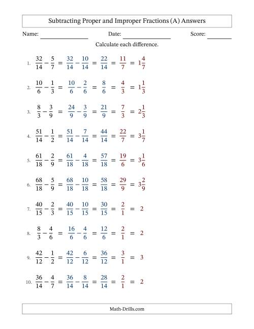 The Subtracting Proper and Improper Fractions with Similar Denominators, Mixed Fractions Results and All Simplifying (A) Math Worksheet Page 2