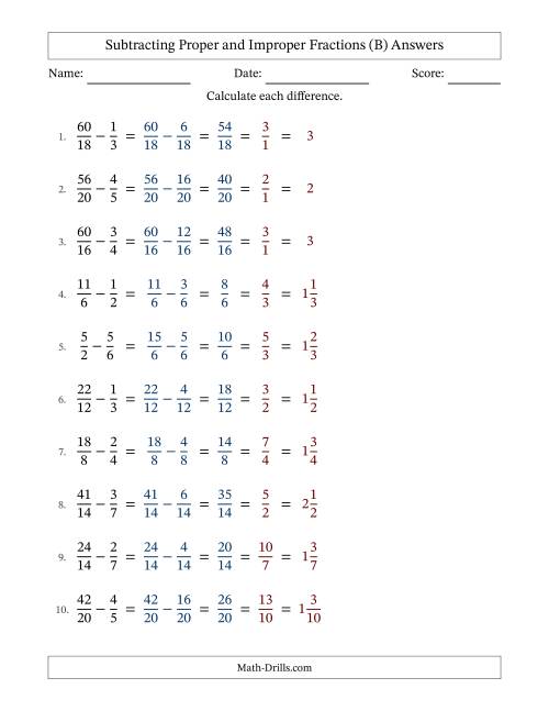The Subtracting Proper and Improper Fractions with Similar Denominators, Mixed Fractions Results and All Simplifying (B) Math Worksheet Page 2