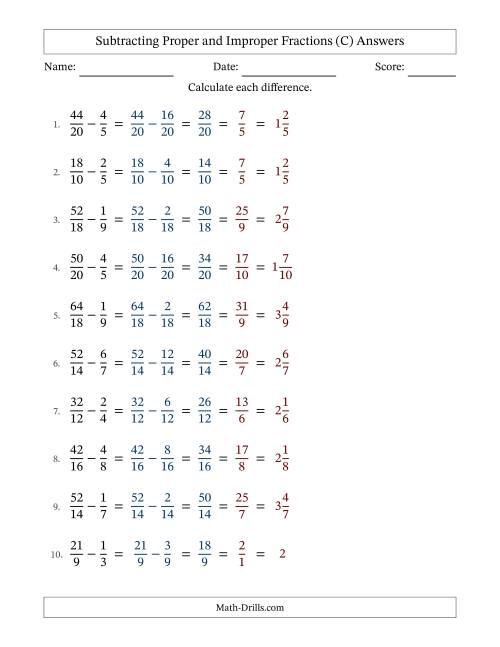 The Subtracting Proper and Improper Fractions with Similar Denominators, Mixed Fractions Results and All Simplifying (C) Math Worksheet Page 2