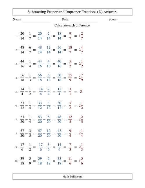 The Subtracting Proper and Improper Fractions with Similar Denominators, Mixed Fractions Results and All Simplifying (D) Math Worksheet Page 2