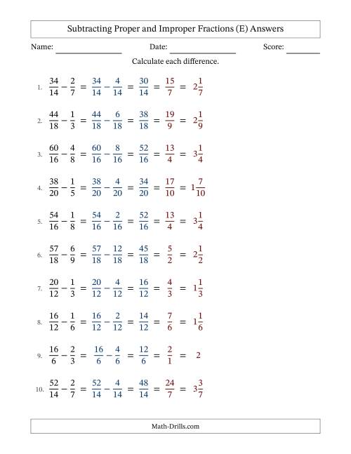 The Subtracting Proper and Improper Fractions with Similar Denominators, Mixed Fractions Results and All Simplifying (E) Math Worksheet Page 2