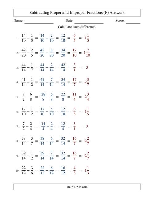 The Subtracting Proper and Improper Fractions with Similar Denominators, Mixed Fractions Results and All Simplifying (F) Math Worksheet Page 2