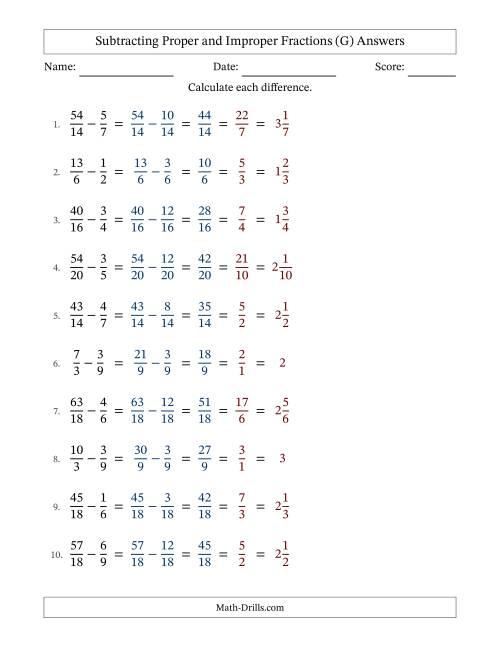 The Subtracting Proper and Improper Fractions with Similar Denominators, Mixed Fractions Results and All Simplifying (G) Math Worksheet Page 2