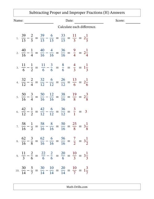 The Subtracting Proper and Improper Fractions with Similar Denominators, Mixed Fractions Results and All Simplifying (H) Math Worksheet Page 2