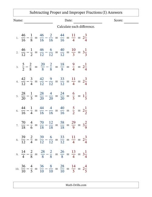The Subtracting Proper and Improper Fractions with Similar Denominators, Mixed Fractions Results and All Simplifying (I) Math Worksheet Page 2