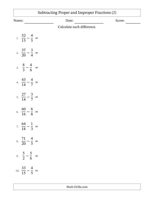 The Subtracting Proper and Improper Fractions with Similar Denominators, Mixed Fractions Results and All Simplifying (J) Math Worksheet