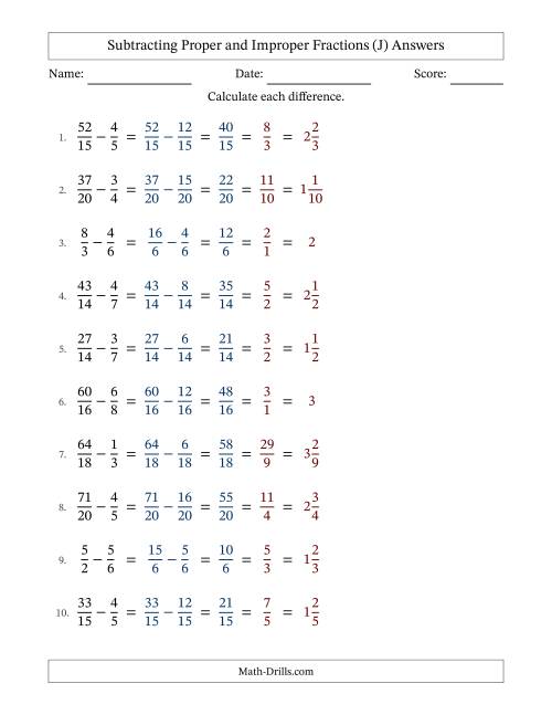 The Subtracting Proper and Improper Fractions with Similar Denominators, Mixed Fractions Results and All Simplifying (J) Math Worksheet Page 2