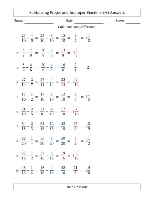 The Subtracting Proper and Improper Fractions with Similar Denominators, Mixed Fractions Results and Some Simplifying (A) Math Worksheet Page 2