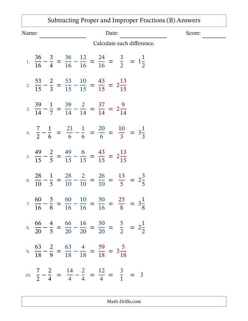 The Subtracting Proper and Improper Fractions with Similar Denominators, Mixed Fractions Results and Some Simplifying (B) Math Worksheet Page 2