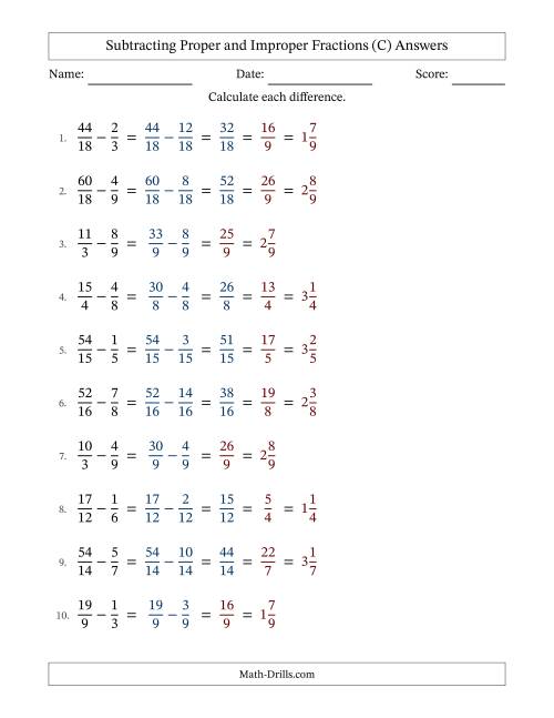 The Subtracting Proper and Improper Fractions with Similar Denominators, Mixed Fractions Results and Some Simplifying (C) Math Worksheet Page 2