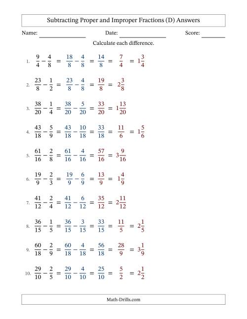 The Subtracting Proper and Improper Fractions with Similar Denominators, Mixed Fractions Results and Some Simplifying (D) Math Worksheet Page 2